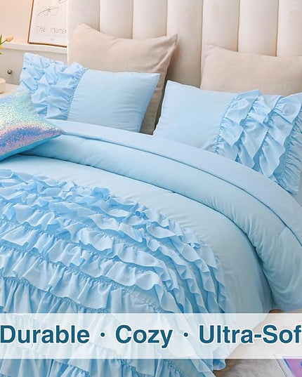 A Nice Night Waterfall Flutter Ruffle Comforter Set,Ruffled Textured Soft Chic Princess 6pcs Bedding Set,with Bling Shiny Sequin Throw Pillow Case,Blue,Full - LeafyLoom