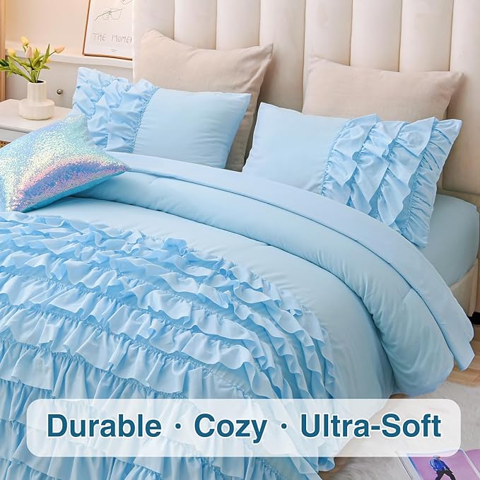 A Nice Night Waterfall Flutter Ruffle Comforter Set,Ruffled Textured Soft Chic Princess 6pcs Bedding Set,with Bling Shiny Sequin Throw Pillow Case,Blue,Full - LeafyLoom