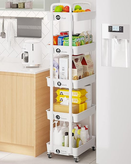 5-Tier Storage Cart,Multifunction Utility Rolling Cart Kitchen Storage Organizer,Mobile Shelving Unit Cart with Lockable Wheels for Bathroom,Laundry,with Classified Stickers,White - LeafyLoom