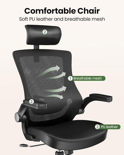 Marsail Office Chair Ergonomic Desk-Chair: Mesh Back Computer Chair with PU Leather Seat,Adjustable Lumbar Support&Flip-up Armrests, Adjustable Height Home Office Desk Chairs - LeafyLoom