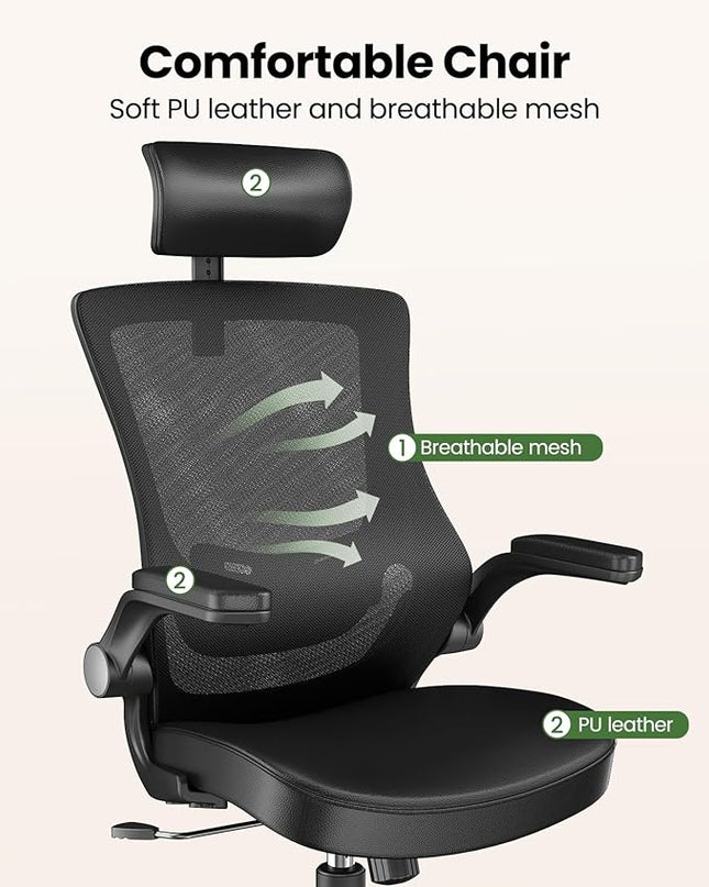 Marsail Office Chair Ergonomic Desk-Chair: Mesh Back Computer Chair with PU Leather Seat,Adjustable Lumbar Support&Flip-up Armrests, Adjustable Height Home Office Desk Chairs - LeafyLoom