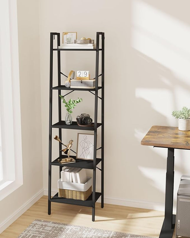 Ladder Shelf, Bookshelf Bookcase, Freestanding Corner Storage Shelve with 2 Hooks for Home Office, Living Room, Kitchen, Bedroom, Industrial, 5-Tier Black BC19204B - LeafyLoom
