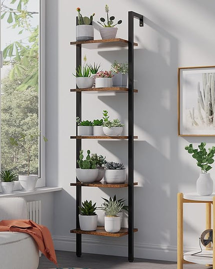 YMYNY 5 Tiers Ladder Bookcase, Industrial Wall Mounted Bookshelf, Open Display Rack with Metal Frame, Wooden Storage Shelves for Bedroom, Home Office, Plant Stand, Rustic Brown, 70*17.3*11.8"UHBC015H - LeafyLoom