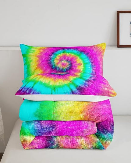 3 Piece Rainbow Tie Dye Comforter Set with 2 Pillowcases Boho Psychedelic Bedding Set for Kids Girls Teens Bohemian Gypsy Exotic Spiral Quilted Duvet Soft Comfy, Watercolor Art Down Comforter,King - LeafyLoom