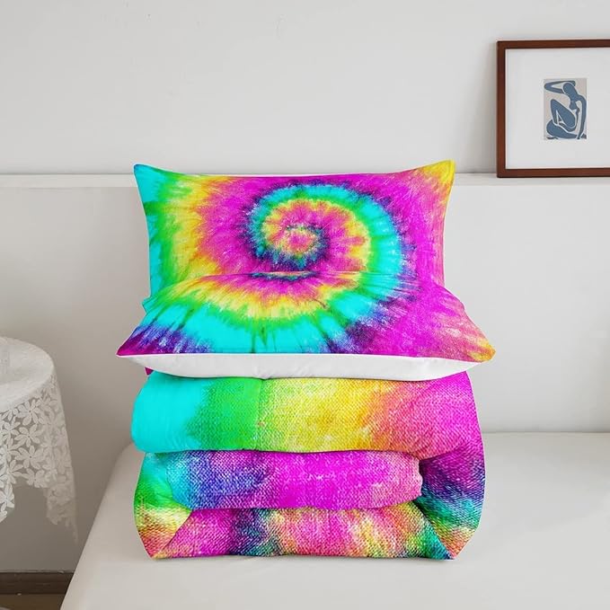 3 Piece Rainbow Tie Dye Comforter Set with 2 Pillowcases Boho Psychedelic Bedding Set for Kids Girls Teens Bohemian Gypsy Exotic Spiral Quilted Duvet Soft Comfy, Watercolor Art Down Comforter,King - LeafyLoom