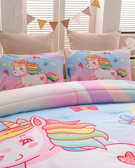 Aimuan Girls Unicorn Comforter Set 3 Pieces Pink Purple Bedding Set with Rainbow Star Galaxy Stars Fantasy Children Room Decor Soft Reversible Bed Sets for Boys/Girls/Teens (Pink Blue Full3Pcs) - LeafyLoom