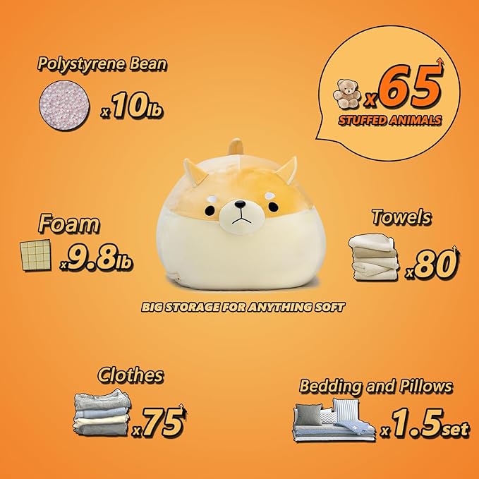 Stuffed Animal Storage Bean Bag Chair Cover for Kids Yellow Dog Shiba Inu Bean Bag Chair for Girls XX-Large Size Toy Organizer Cover Only Without Filling - LeafyLoom