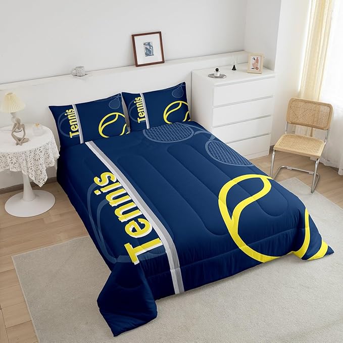 Feelyou Kids Tennis Comforter Set Twin Size Tennis Sports Bedding Set for Boys Girls Teens Bedroom Decor Tennis Gaming Comforter Blue Yellow Tennis Lovers Duvet Set with 1 Pillow Case - LeafyLoom