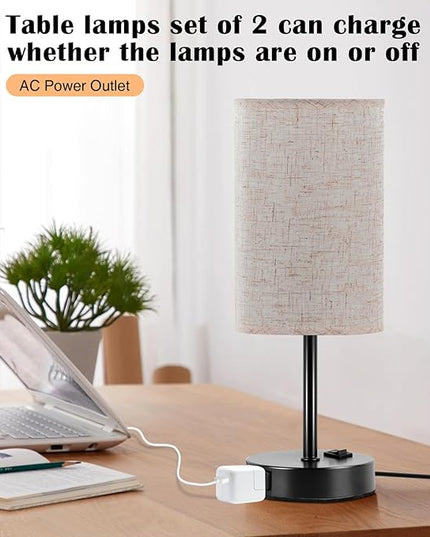 ZJOJO Table Lamp for Bedroom, Bedside Table Lamps Set of 2, Small Lamp with 3 Way Dimmable Desk Lamp Using Rocker Switch, Nightstand Lamp with AC Outlets for Living Room Home Decor - LeafyLoom