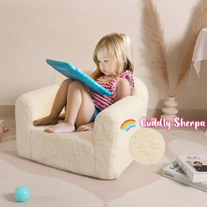 Kids Snuggly-Soft Sherpa Chair, Cuddly Toddler Foam Chair for Boys and Girls, Cream - LeafyLoom