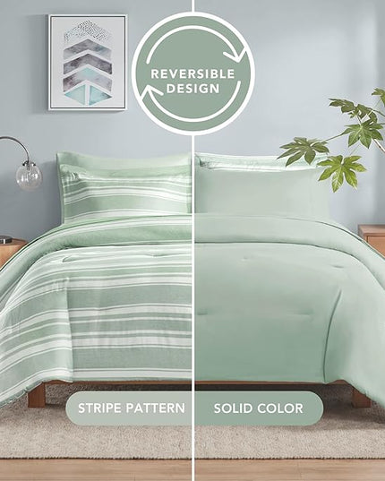 Codi Full Size Comforter Set with Sheets, Sage Green Bed in a Bag for Teen, 7 Piece Striped Bed Sets for All Seasons with 1 Comforter, 2 Pillow Shams, Flat Sheet, Fitted Sheet and 2 Pillowcases - LeafyLoom