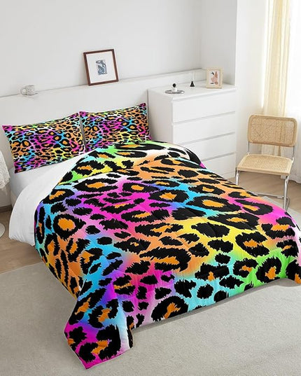 Leopard Print Comforter Set for Girls Kids Women Neon Rainbow Leopard Fur Bedding Set Mottled Exotic Panthera Skin Comforter Room Decor Colorful Camouflage Safari Theme Duvet Set King Size Quilt Set - LeafyLoom