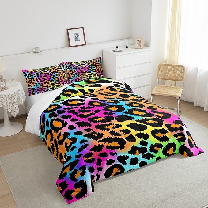 Leopard Print Comforter Set for Girls Kids Women Neon Rainbow Leopard Fur Bedding Set Mottled Exotic Panthera Skin Comforter Room Decor Colorful Camouflage Safari Theme Duvet Set King Size Quilt Set - LeafyLoom