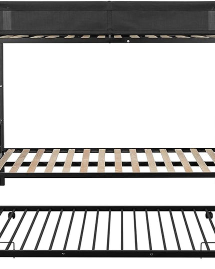 Twin over twin bunk bed with Trundle,Sturdy Metal Frame,Noise-Free Wood Slats,Comfortable Textilene Guardrail, 2 side Ladders,Space-Saving-Trundle,Bunk-Bed for Three,No Box Spring Needed,Black - LeafyLoom