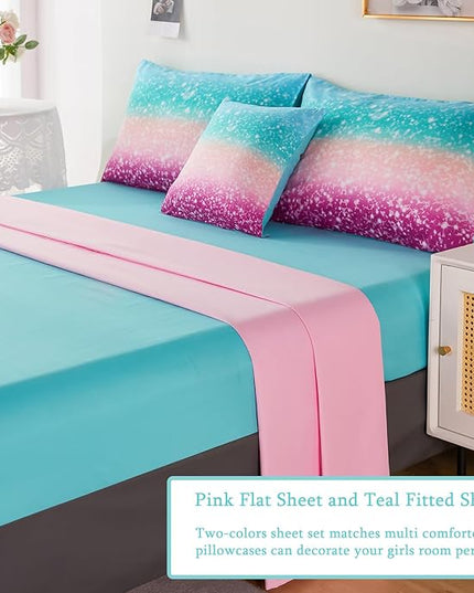 URBONUR Queen Comforter Set for Girls Teens Kids Ombre Purple Orange Teal Bedding Set Soft & Fluffy Girls Bed Set for Queen Bed Comforters with Sheets Set - LeafyLoom