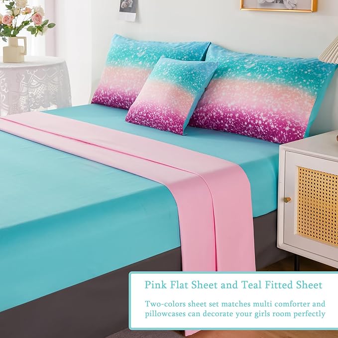 URBONUR Queen Comforter Set for Girls Teens Kids Ombre Purple Orange Teal Bedding Set Soft & Fluffy Girls Bed Set for Queen Bed Comforters with Sheets Set - LeafyLoom