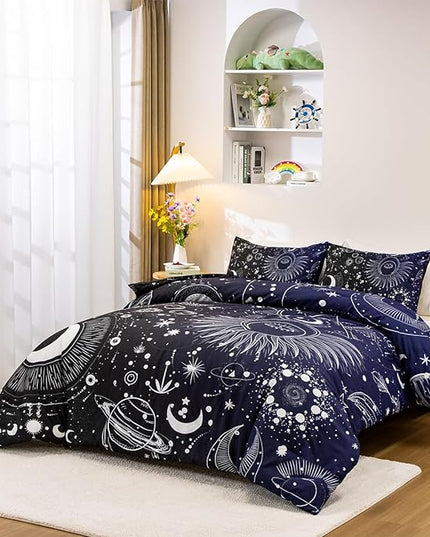 Holawakaka Stars Moon Constellation Print Comforter Set Twin Size Girls Boys Witchy Astrology Zodiac Celestial Bedding Set (Navy Blue,Twin) - LeafyLoom