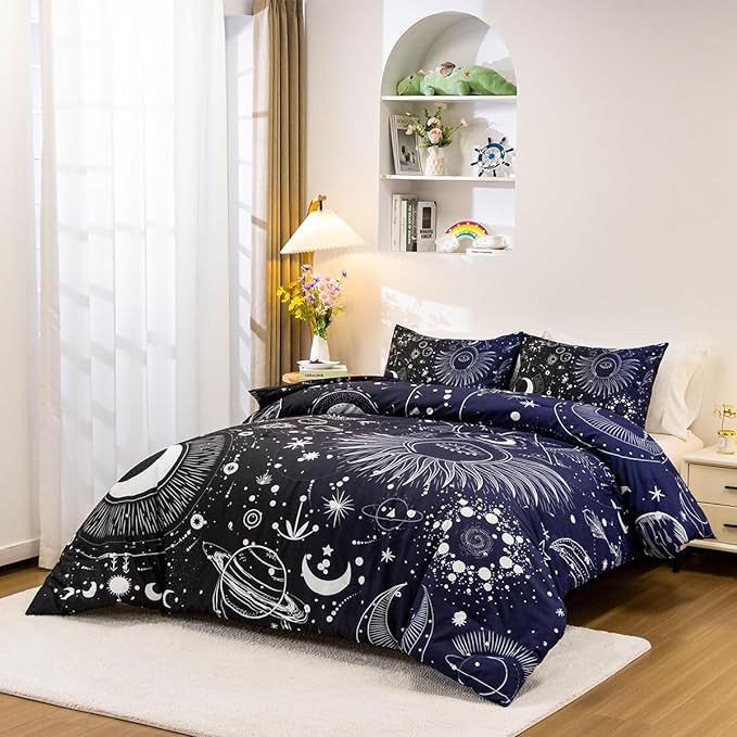 Holawakaka Stars Moon Constellation Print Comforter Set Twin Size Girls Boys Witchy Astrology Zodiac Celestial Bedding Set (Navy Blue,Twin) - LeafyLoom