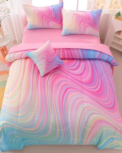 Girls Full Bedding Sets, 6 Pcs Pink Full Szie Comforter Set with Sheets, Tie Dye Superior Blue Pink Rainbow Bedding Set for Girls Kids - LeafyLoom