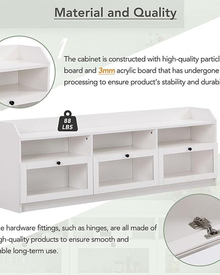 Merax Sleek & Modern Design TV Stand with Acrylic Board Door and Black Handles, Chic Elegant Media Console for Television Up to 65", Ample Storage Space Cabinet, 63.0 inch Length, White - LeafyLoom