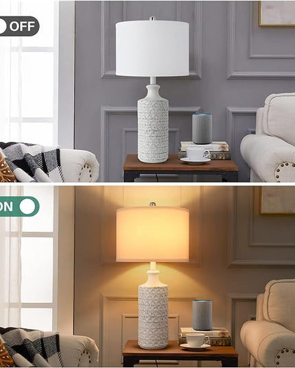 Brightever Farmhouse Ceramic Table Lamp, Modern Tall Desk Lamp for Bedroom with White Fabric Shade, Rotary Bedside Nightstand Lamp for Living Room, Office, Study, Bulb not Included - LeafyLoom