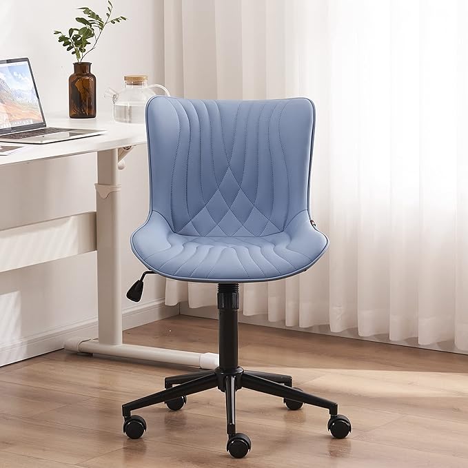 YOUNIKE Office Chair, Armless Desk Chair with Wheels, Aesthetic Home Office Computer Task Chairs, Modern Faux Leather Upholstered Vanity Chair, Adjustable Swivel Rocking Chair with Back, Blue - LeafyLoom