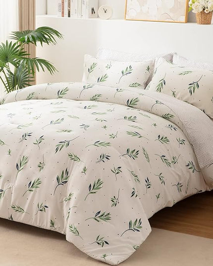 EMME Queen Comforter Set - Sage Green Floral Bedding Set 7 PCS with Nature Leaves Pattern, Soft Leaf Printed Botanical Bed Set with Sheets, Fluffy Bed Bag for All Season(90"X90") - LeafyLoom
