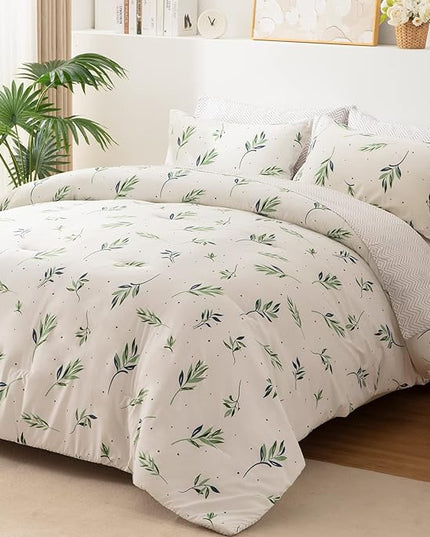 EMME King Comforter Set - Sage Green Floral Bedding Set 7 PCS with Nature Leaves Pattern, Soft Leaf Printed Botanical Bed Set with Sheets, Fluffy Bed Bag for All Season(102"X90") - LeafyLoom