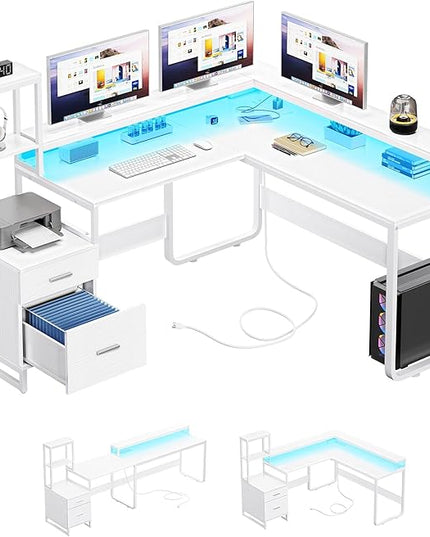 YITAHOME L Shaped Desk with Power Outlets & LED Lights, Reversible Computer Desk with Drawers & Hutch, Corner Desk Office Desk with Monitor Stand, Printer Stand, 2 Person Desk, White - LeafyLoom