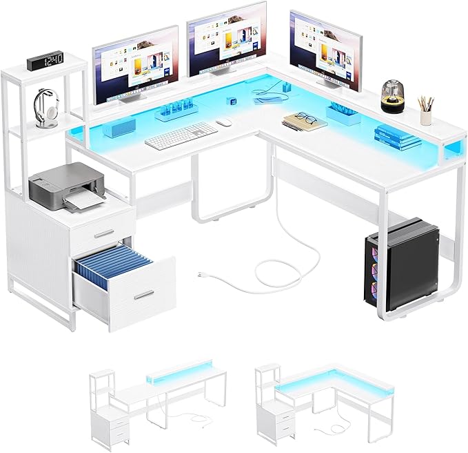 YITAHOME L Shaped Desk with Power Outlets & LED Lights, Reversible Computer Desk with Drawers & Hutch, Corner Desk Office Desk with Monitor Stand, Printer Stand, 2 Person Desk, White - LeafyLoom