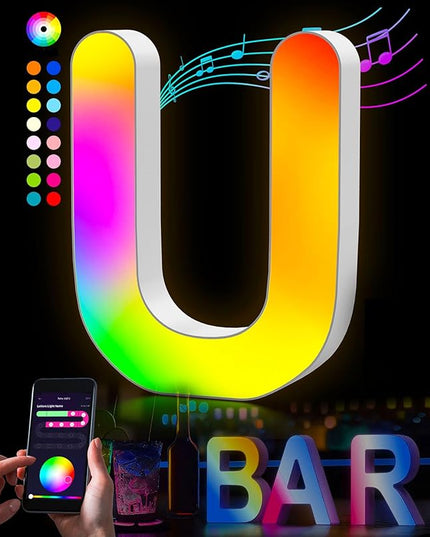 Splicing Letters Decorations Indoor Light - Alphabet Music Sync Color Changing Room Decor with App Control RGB Light Up Letters Boy Girl Gift Wedding Home Bar Wall Decoration(U) - LeafyLoom
