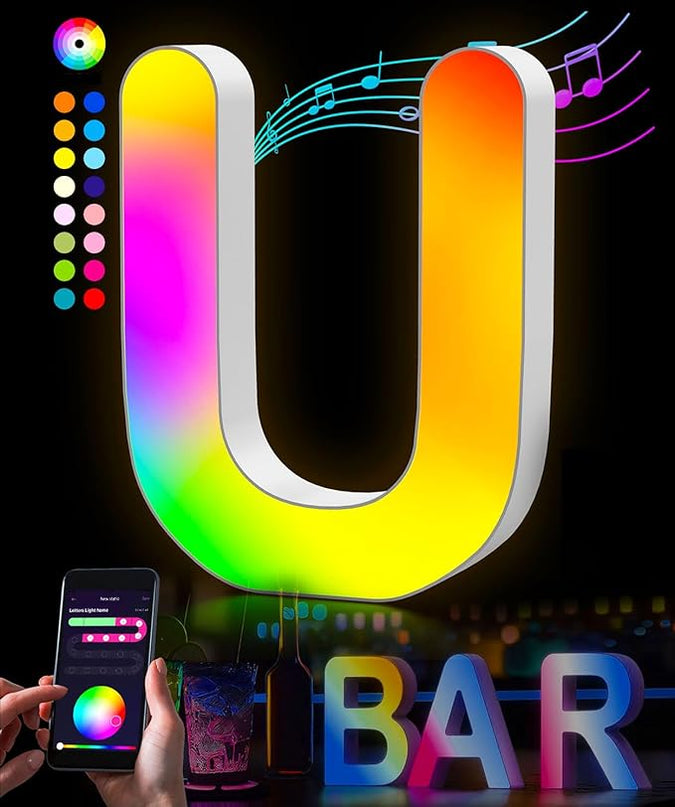 Splicing Letters Decorations Indoor Light - Alphabet Music Sync Color Changing Room Decor with App Control RGB Light Up Letters Boy Girl Gift Wedding Home Bar Wall Decoration(U) - LeafyLoom