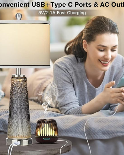 Glass Table Lamp Set of 2, 26" Modern Table Lamps with USB A+C Ports & AC Outlet, Touch Control Bedside Nightstand Lamp with LED Night Light for Living Room Bedroom Home Decor Black(4 Bulbs Included) - LeafyLoom