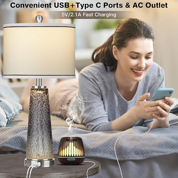 Glass Table Lamp Set of 2, 26" Modern Table Lamps with USB A+C Ports & AC Outlet, Touch Control Bedside Nightstand Lamp with LED Night Light for Living Room Bedroom Home Decor Black(4 Bulbs Included) - LeafyLoom