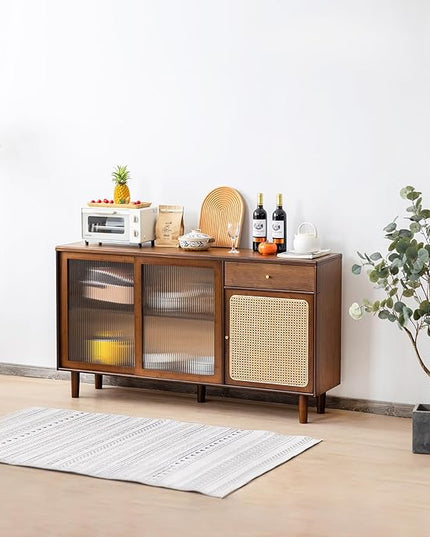 Tiita Bamboo Sideboard Buffet Cabinet, Rattan Kitchen Storage Cabinet with Drawer, Boho Coffee Bar Tables for Kitchen Living Room Hallway Office, Walnut - LeafyLoom