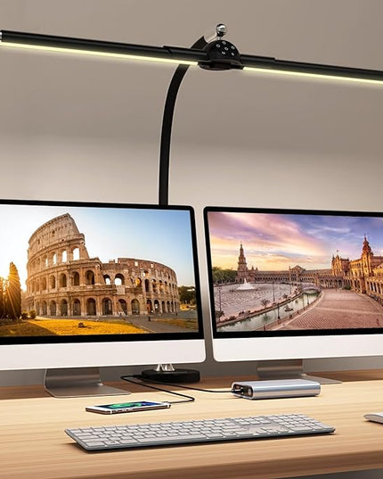 Megainvo LED Desk Lamp with Clamp, 24W Desk Light w/Timer & USB Charging for Home Office, Eye-Care Desk Lamps 5 Color Modes Stepless Dimming Adjustable Table Light for Monitor Work Study Reading - LeafyLoom