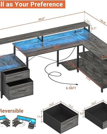 Aheaplus L Shaped Desk with File Drawer, 66" Reversible L Shaped Computer Desk with Power Outlet & LED Strip, Gaming Desk with Long Monitor Stand, Office Desk Corner Desk with Storage Shelf, Grey Oak - LeafyLoom