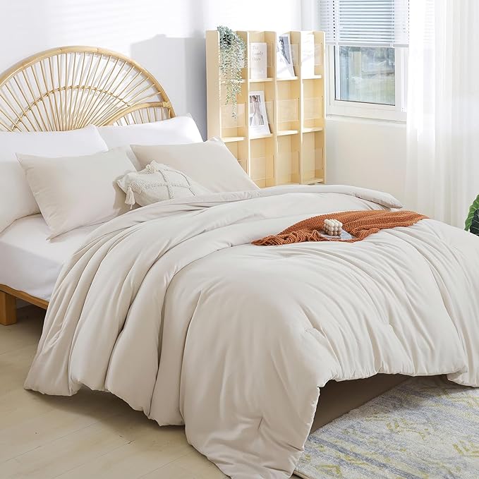 Beige Comforter Set King Size - 3 Pieces Lightweight Solid Bedding Comforter Set - All Season Fluffy Microfiber Bed Set (1 Comforter, 2 Pillowcases) - LeafyLoom