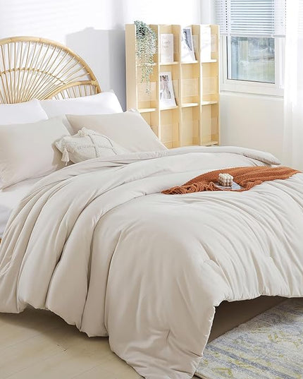 Full Size Comforter Modern Beige 3PCS Microfiber Full Size Comforter Sets for All Season Comforter for Men, Women and Girls Soft Lightweight Bed Comforter Set (1 Comforter, 2 Pillowcases) - LeafyLoom