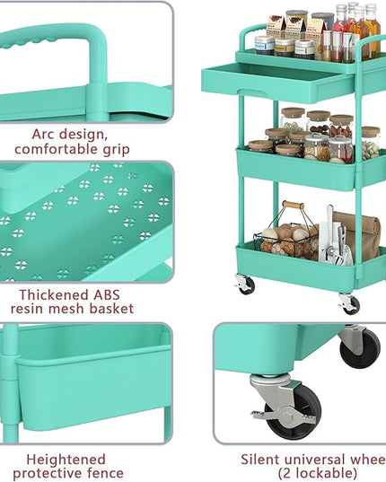 3-Tier Rolling Cart，Trolley with Drawer, Kitchen Storage Organizer with Plastic Shelf & Metal Wheels, Storage Cart for Living Room, Kitchen, Office, Bathroom, Green - LeafyLoom