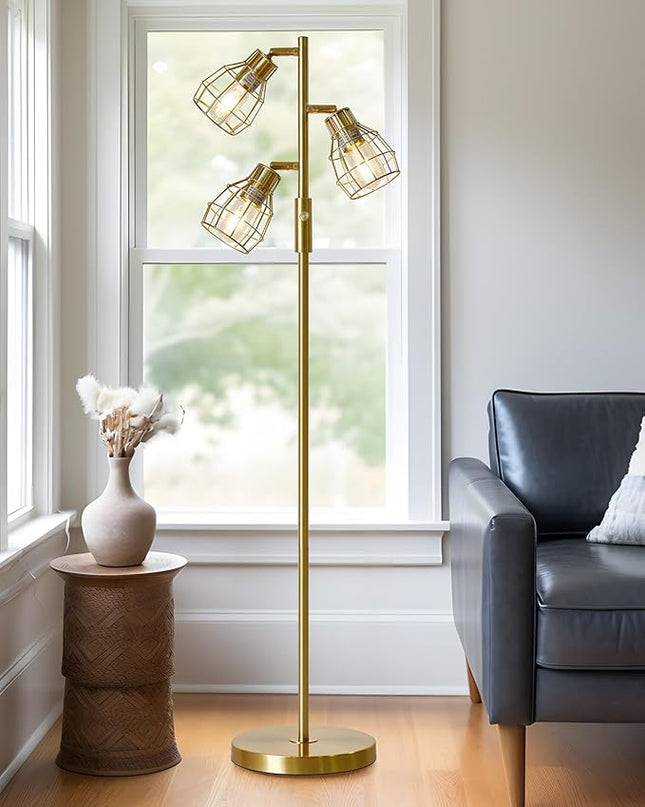 Oneach 64.25" Modern Floor Lamp for Living Room Gold Floor Lamp for Bedroom Clearance Farmhouse Home Office Tall Lamps for Bedroom with 3 Metal Lamp Head Adjustable（Bulbs Included） - LeafyLoom