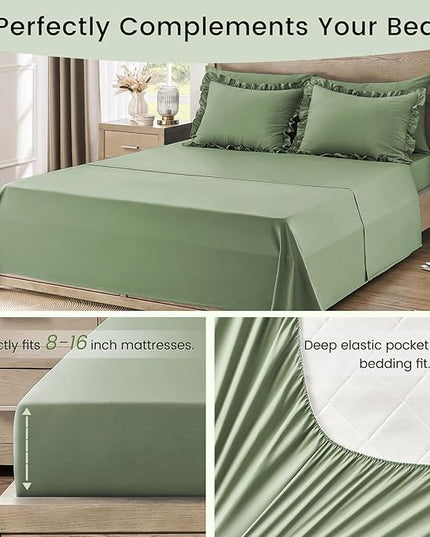 Full Bed in a Bag 7 Pieces Full Size Comforter Set, Ruffle Shabby Chic Bedding Comforter Set Green Bed Set with Comforter, Pillowcases, Flat Sheet, Fitted Sheet and Pillow Shams - LeafyLoom