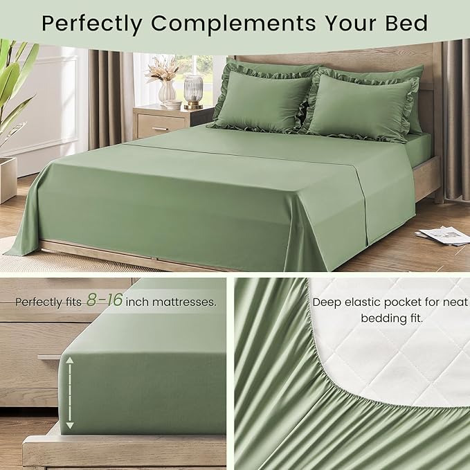 California King Bed in a Bag 7 Pieces Cal King Comforter Set, Ruffle Shabby Chic Bedding Comforter Set Green Bed Set with Comforter, Pillowcases, Flat Sheet, Fitted Sheet and Pillow Shams - LeafyLoom