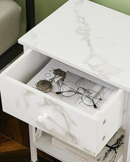 VECELO Night Stands for Bedroom Rustic Nightstand Bedside End Tables with Drawer Storage, Marble White - LeafyLoom