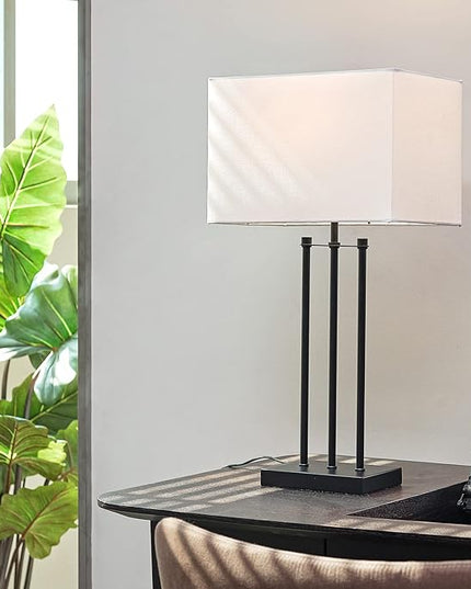 Globe Electric 67528 24" Table Lamp, Matte Black, White Fabric Shade, On/Off Switch on Socket, Table Lamp for Living Room, Home Décor, E26 Light Bulb, Lamps for Bedrooms, Table Lamp, Minimalist - LeafyLoom