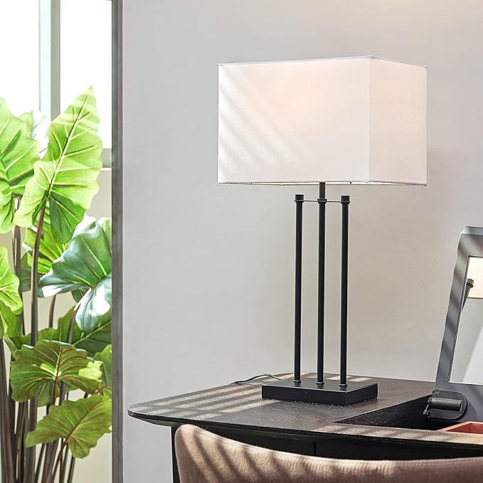 Globe Electric 67528 24" Table Lamp, Matte Black, White Fabric Shade, On/Off Switch on Socket, Table Lamp for Living Room, Home Décor, E26 Light Bulb, Lamps for Bedrooms, Table Lamp, Minimalist - LeafyLoom