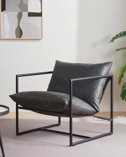 ZINUS Aidan Faux Leather Sling Accent Chair, Metal Framed Armchair with Shredded Foam Cushioning, Slate Grey - LeafyLoom