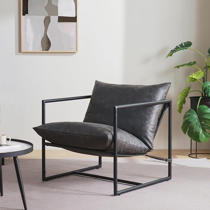 ZINUS Aidan Faux Leather Sling Accent Chair, Metal Framed Armchair with Shredded Foam Cushioning, Slate Grey - LeafyLoom