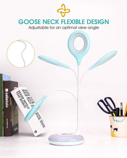 2 Pack LED Desk Lamp Cordless Rechargeable Battery Operated Table Light Adjustable Gooseneck Dimmable Touch Control Color Changing RGB Eye-Caring Base Night Light for Kids with USB Charging Cable - LeafyLoom