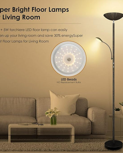 Floor Lamp, LED 20W/2000LM Bright Torchiere Floor Lamp with 5W Adjustable Reading Lamp, Stepless Dimmable Standing Lamp, 2 Rotary Switch, Modern Floor Lamps for Living Room, Bedroom, Office,Bronze - LeafyLoom